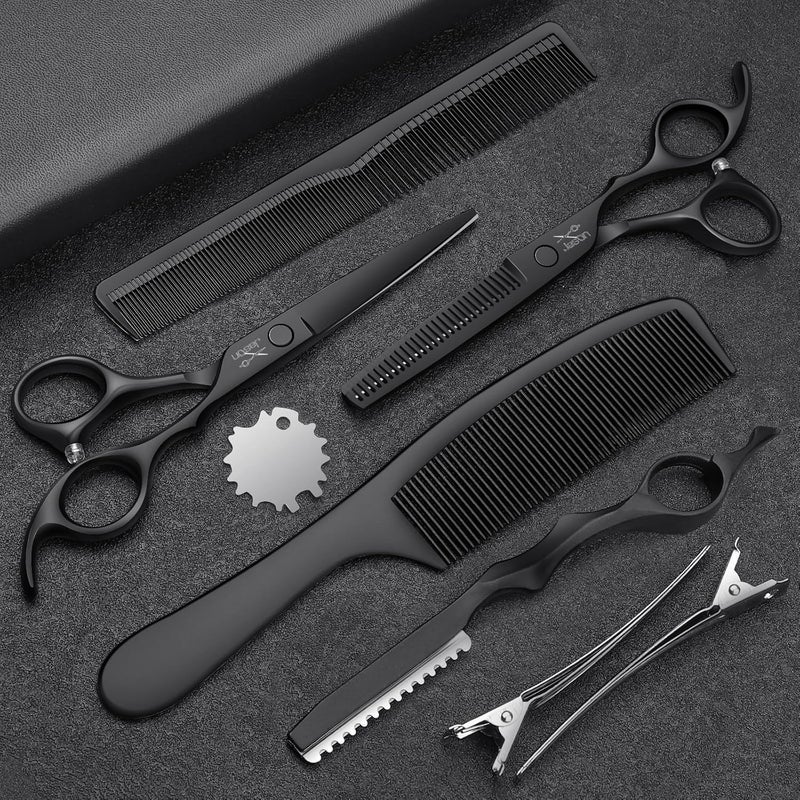 Jason Hair Cutting Scissors Set - Professional 10 PCS Haircut Scissors kit, Thinning Blender Scissors, Straight Shears with 30 Teeth for Men Women Home Salon Barber (6.5", Black) Christmas Gift - Image 1